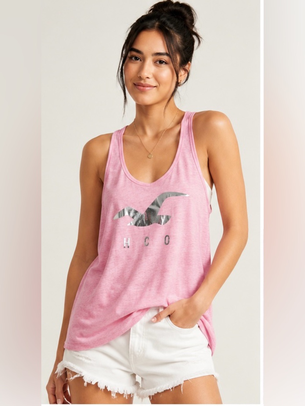 Hollister Pink Racerback Tank Top Large NWT Logo Graphic Casual Summer